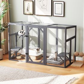 Outdoor Wood Cat Enclosure, Patio Cat Catio House with 3 Platforms, Lockable Door, Sun Sheet Roof, Large Run for Pets, Gray