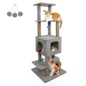 64" Light Gray Cat Tower With Plush Perches & 3 Dangling Balls, Jute Scratching Posts & Anti-Tipping Device For Multi-Cat Households (Option: defaulttitle)